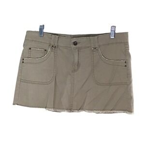 Jordache Khaki Stretch Skirt Juniors Size 11 12 Frayed Hem Embroidered Pockets